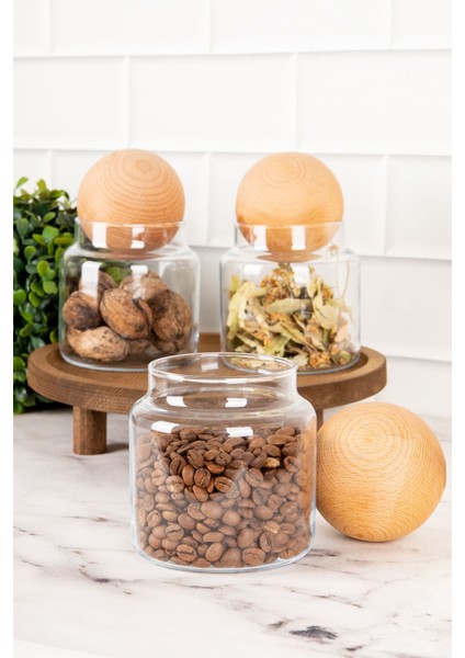 Turuncu 3'lü Ahşap Top Kapaklı Cam Saklama ve Ayaklı Kavanoz Seti 500 ml fiyatları