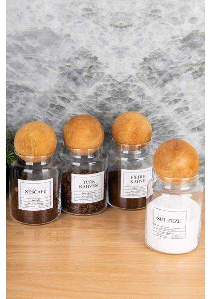 4'lü 800ML Top Kapaklı Cam Saklama Kabı, Türk Kahvesi, Filtre Kahve, Nescafe, Süttozu