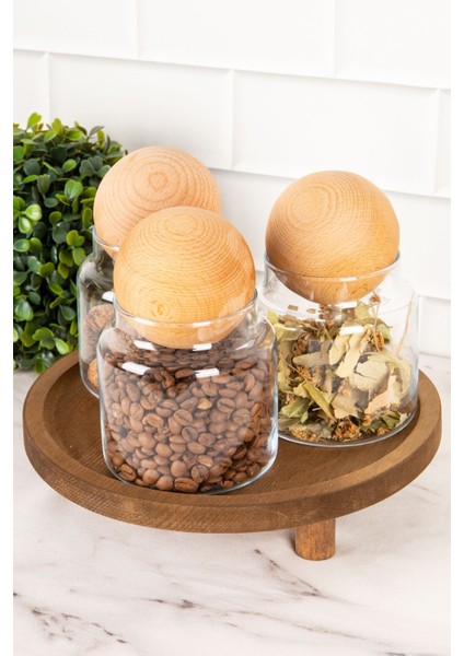 Turuncu 3'lü Ahşap Top Kapaklı Cam Saklama ve Ayaklı Kavanoz Seti 500 ml fırsatları