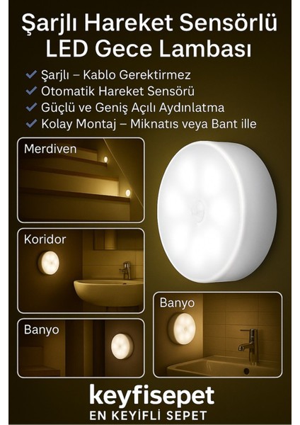 Şarjlı Hareket Sensörlü LED Gece Lambası, Kablosuz Akıllı Işık, Merdiven ve Dolap Aydınlatma