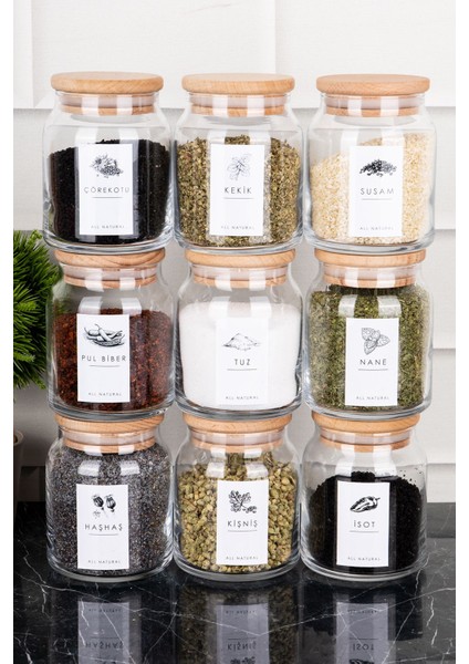9'lu Cam Baharatlık Seti, Ahşap Vakum Kapaklı, Etiketli, 300 Ml, Saklama Kabı