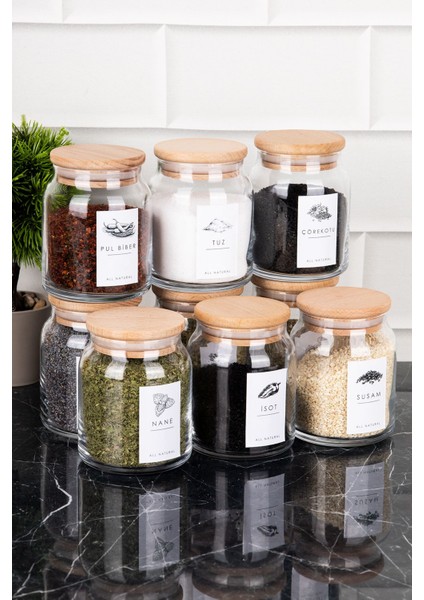 9'lu Cam Baharatlık Seti, Ahşap Vakum Kapaklı, Etiketli, 300 Ml, Saklama Kabı fiyatları