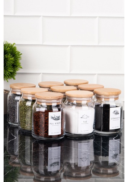 9'lu Cam Baharatlık Seti, Ahşap Vakum Kapaklı, Etiketli, 300 Ml, Saklama Kabı fırsatları
