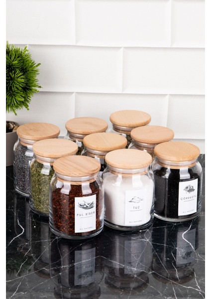 9'lu Cam Baharatlık Seti, Ahşap Vakum Kapaklı, Etiketli, 300 Ml, Saklama Kabı indirimleri