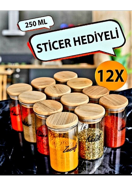 12'li 250ML Cam Kavanoz Seti, Baharatlık ve Şeffaf Suya Dayanıklı Etiketler