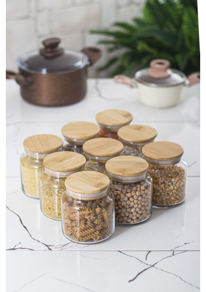 9'lu Bambu Kapaklı Cam Kavanoz ve Saklama Kabı Seti, 500 Ml, Vakum Kapak, Şeffaf