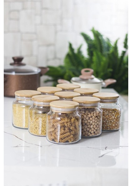 9'lu Bambu Kapaklı Cam Kavanoz ve Saklama Kabı Seti, 500 Ml, Vakum Kapak, Şeffaf fiyatları