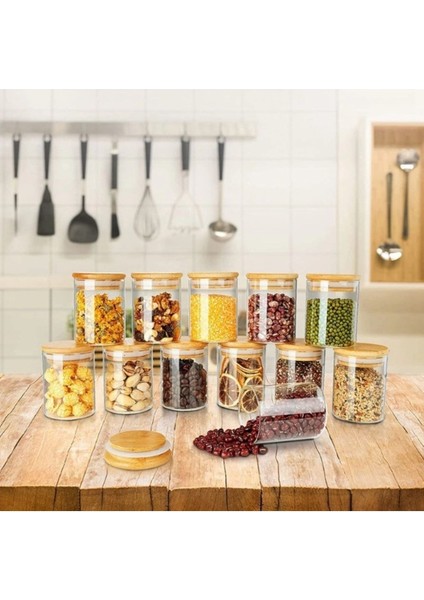 12 Adet Mini Bambu Kapaklı Borosilikat Cam Kavanoz, 200 Ml, Kaşıklı, Turuncu modelleri