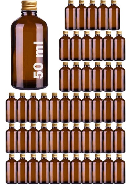 50 ml Altın Kapaklı Kahverengi Cam Şişe, 50 Adet, Kolonya ve Koku Şişesi