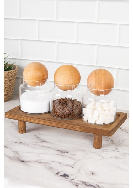 3'lü Ahşap Top Kapaklı Cam Saklama Kabı ve Standlı Baharatlık Seti 500 ml