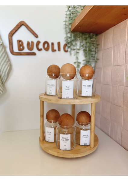 6'lı Cam Baharatlık Seti, Ahşap Kapak ve Döner Stand, 300 ml