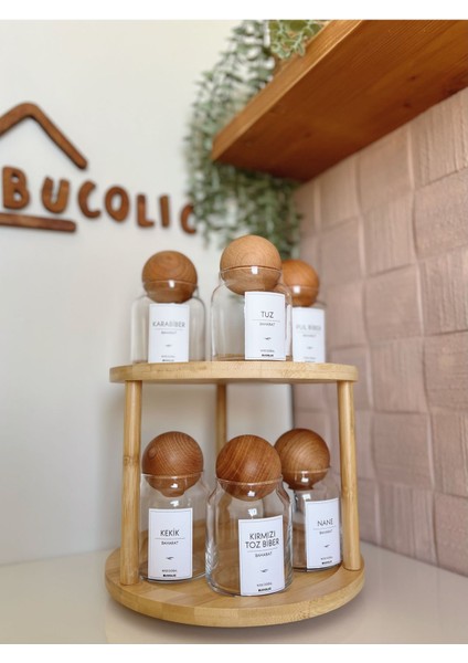 6'lı Cam Baharatlık Seti, Ahşap Kapak ve Döner Stand, 300 ml modelleri