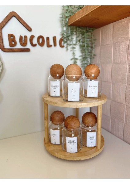 6'lı Cam Baharatlık Seti, Ahşap Kapak ve Döner Stand, 300 ml