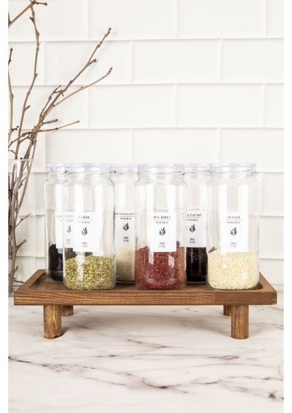 6'lı Cam Baharatlık Seti Ahşap Stantlı, Etiketli, 500 ml