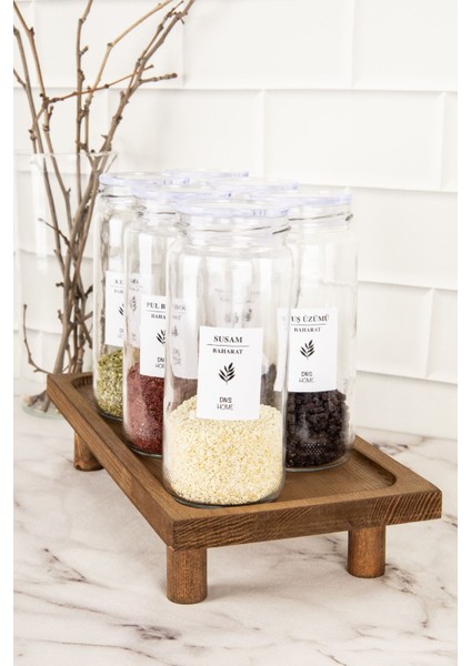 6'lı Cam Baharatlık Seti Ahşap Stantlı, Etiketli, 500 ml modelleri