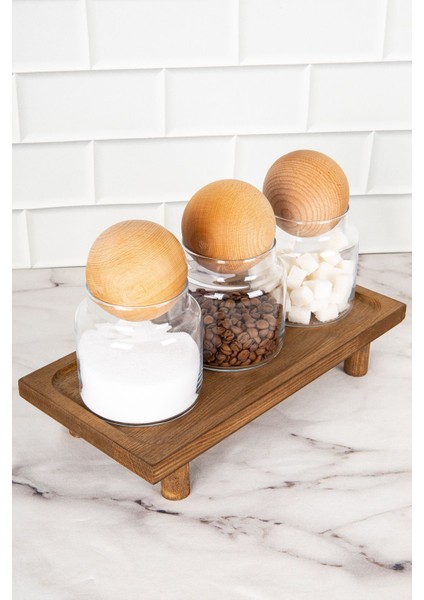 3'lü Ahşap Top Kapaklı Cam Saklama Kabı ve Standlı Baharatlık Seti 500 ml fırsatları