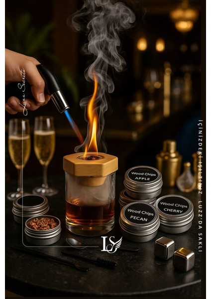 Kokteyl ve Viski Için Premium Tütsü Seti, Çakmak ve Paslanmaz Taş Hediye Paketi