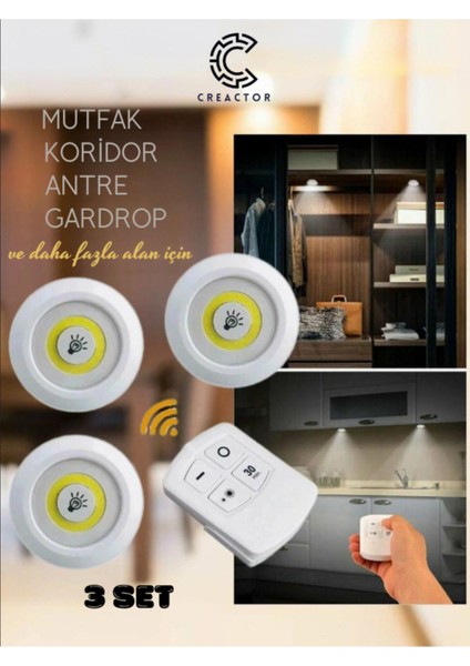 3'lü Dekoratif Koridor ve Antre LED Işık Seti, Pilli ve Yapışkanlı, Beyaz