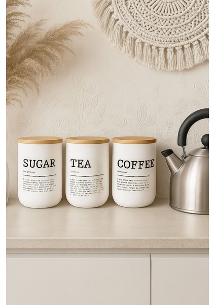 3'lü Vakumlu Bambu Kapaklı Beyaz Kavanoz Seti 900 Ml, Çay, Şeker, Kahve Için Ideal