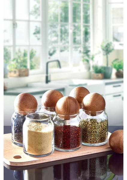 6'lı Ahşap Kapaklı Cam Kavanoz Seti, 300 Ml, Baharatlık Takımı