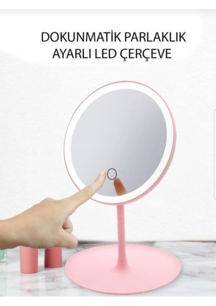 Pembe Ledli Dokunmatik USB Yuvarlak Makyaj Aynası, Masa Üstü Işıklı ve Şık Tasarım fiyatları