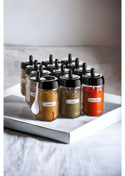 12'li Cam Baharatlık Seti, Kendinden Kaşıklı, Şık ve Kullanışlı Tasarım
