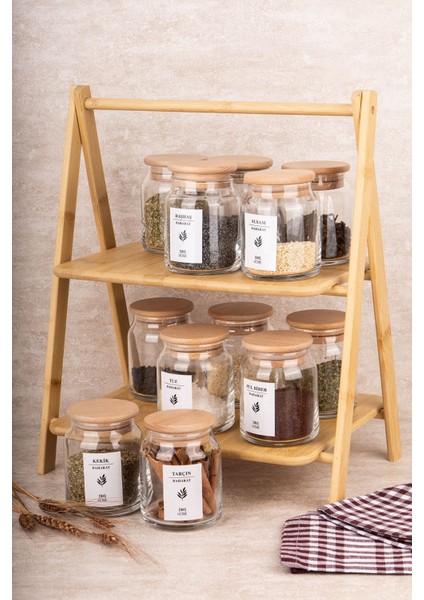 12'li Cam Baharatlık Seti, Bambu Stant, Ahşap Kapak, Vakum, 300 Ml, Etiket Hediyeli