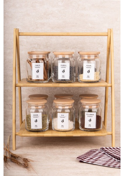 12'li Cam Baharatlık Seti, Bambu Stant, Ahşap Kapak, Vakum, 300 Ml, Etiket Hediyeli fiyatları