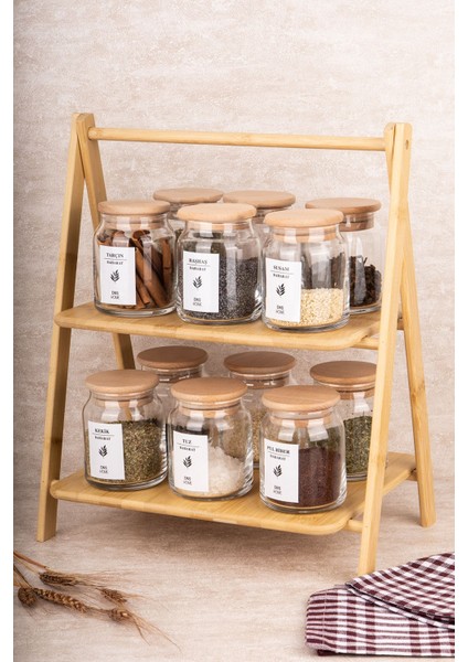 12'li Cam Baharatlık Seti, Bambu Stant, Ahşap Kapak, Vakum, 300 Ml, Etiket Hediyeli modelleri