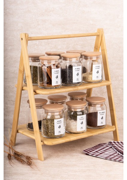 12'li Cam Baharatlık Seti, Bambu Stant, Ahşap Kapak, Vakum, 300 Ml, Etiket Hediyeli indirimleri
