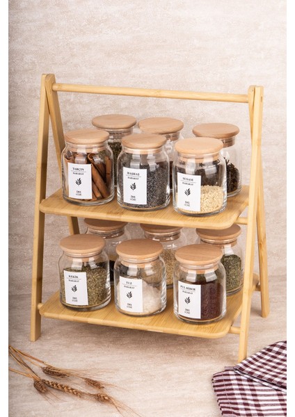 12'li Cam Baharatlık Seti, Bambu Stant, Ahşap Kapak, Vakum, 300 Ml, Etiket Hediyeli
