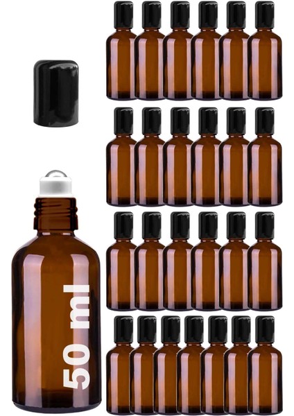 50 ml Amber Çelik Roll On Şişe 25'li, Sızdırmaz Siyah Kapaklı, Kahverengi Cam