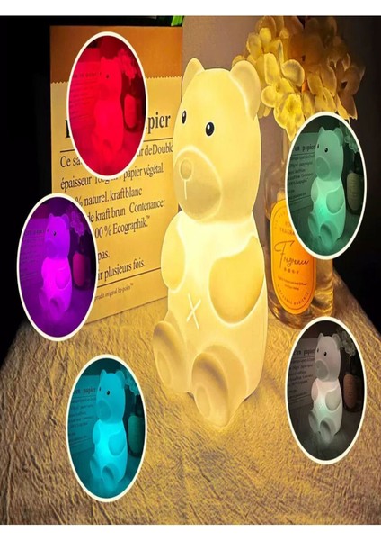 Renkli Ayı Şekilli Dokunmatik Gece Lambası, Şık ve Huzurlu Işık Atmosferi