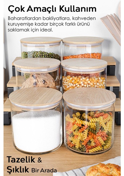6'lı Bambu Kapaklı Cam Saklama Kabı Seti, 680 Ml, Etiketli, Vakumlu, Şık ve Kullanışlı modelleri