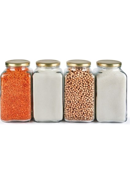 4'lü 3000 cc Köşeli Cam Kavanoz Seti, Gold Kapak, Turuncu Renkli