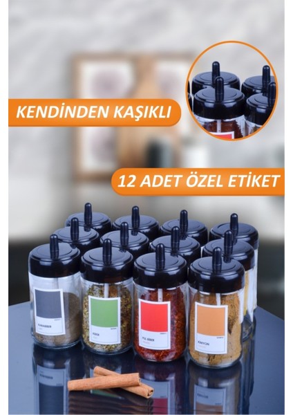 12'li Kendinden Kaşıklı Cam Baharatlık Seti ve Renkli Pantone Etiketler 300ML