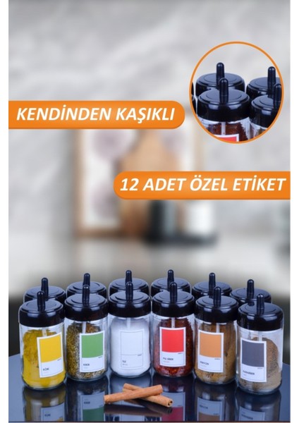 12'li Kendinden Kaşıklı Cam Baharatlık Seti ve Renkli Pantone Etiketler 300ML fiyatları