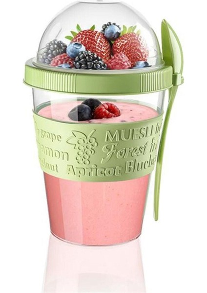 Portatif Yeşil Meyve ve Yoğurt Kabı, Kaşıklı, 600 Ml, Pratik Kullanım