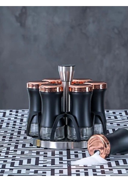 Şık 6 Parça Standlı Baharat Takımı, Siyah Renkli, Pratik ve Havalı Tasarım