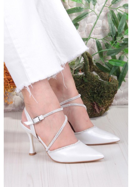 35691 Saten Biye Taşlı Topuklu Abiye Ayakkabı Kadın Ayakkabı