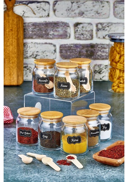 8 Adet Cam Kavanoz ve Baharat Kaşığı Seti, 65 Etiketli, 300 ml Kapasiteli