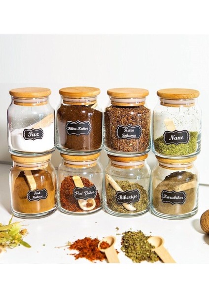 8 Adet Cam Kavanoz ve Baharat Kaşığı Seti, 65 Etiketli, 300 ml Kapasiteli modelleri