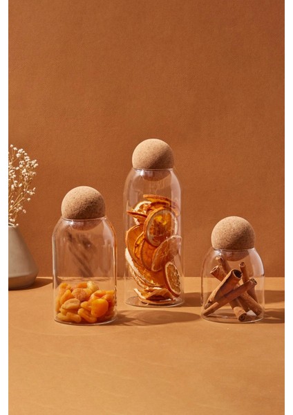 Şeffaf Cam Kavanoz ve Baharat Seti, 3'lü, Top Mantar Kapaklı, Beyaz