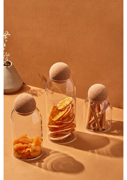 Şeffaf Cam Kavanoz ve Baharat Seti, 3'lü, Top Mantar Kapaklı, Beyaz fırsatları