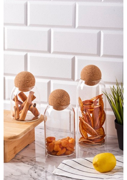 Şeffaf Cam Kavanoz ve Baharat Seti, 3'lü, Top Mantar Kapaklı, Beyaz
