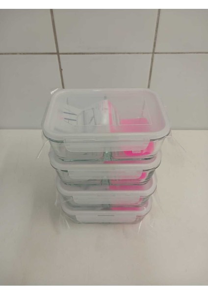 Cam Saklama Kabı Seti, 4'lü, 1120CC, Beyaz Kapak, Dikdörtgen, Kilitli, Şık ve Pratik