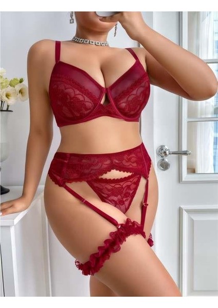 Büyük Beden Bordo Dantel Işlemeli Sütyenli Fantezi Jartiyer Takımı