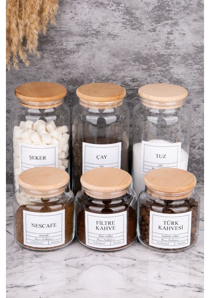 3’lü Ahşap Kapaklı Cam Kavanoz Seti, 1300ML ve 500ML, Çay, Şeker, Tuz, Filtre Kahve