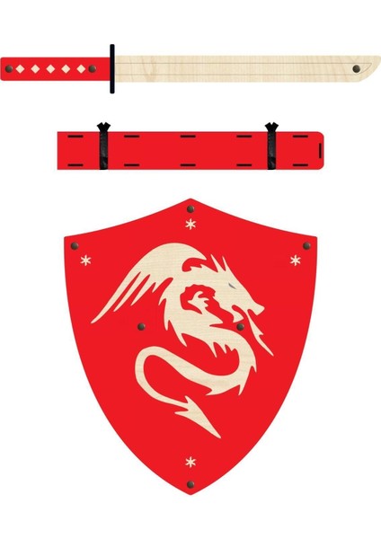 Kırmızı Ahşap Japon Samuray ve Ninja Kalkanı ile Kılıç Seti, Şık ve Detaylı Tasarım