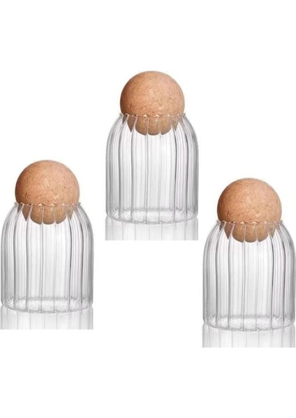 3'lü Çizgili Cam Kavanoz, Mantar Kapak, 500 Ml, Turuncu Renkli Set